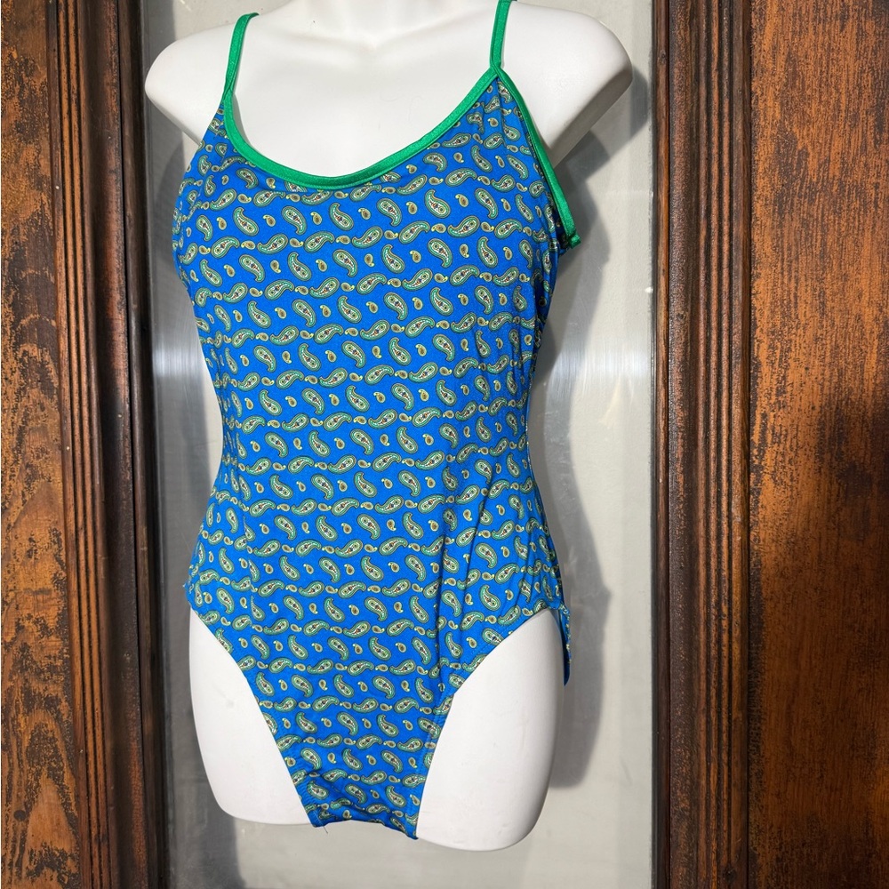 90's Vibrant Blue and Green Paisley One-Piece Swimsuit size 14